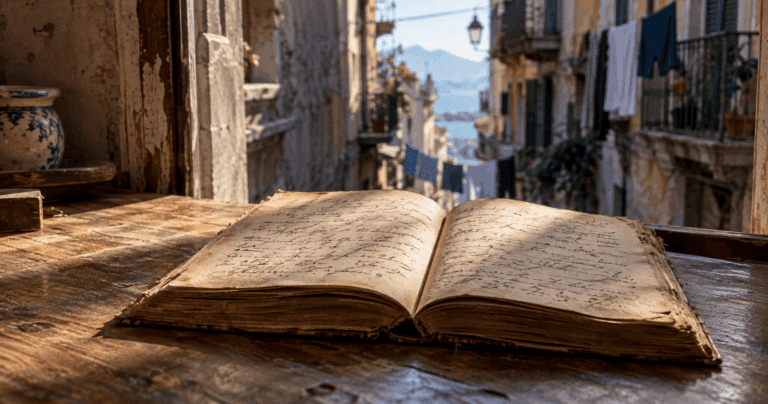 Vecchio vocabolario di lingua napoletana aperto su un tavolo di legno