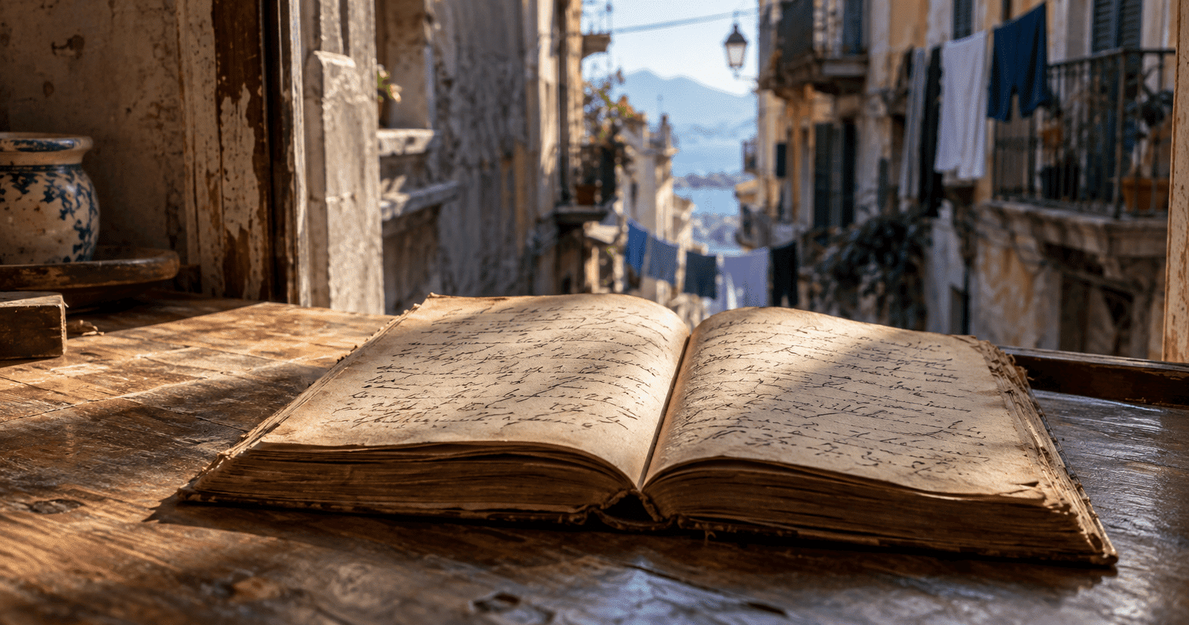 Vecchio vocabolario di lingua napoletana aperto su un tavolo di legno