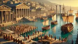 Antico porto romano con navi e edifici