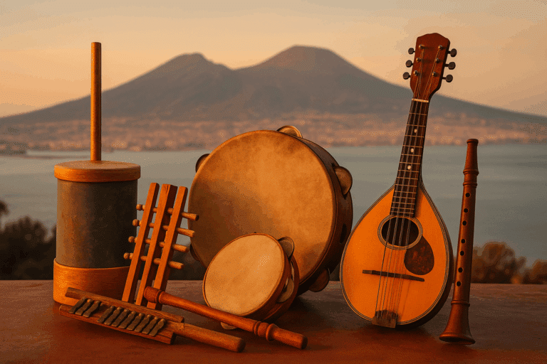 Strumenti musicali napoletani sullo sfondo del Vesuvio.