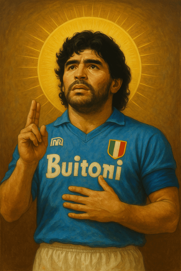 foto di diego armando maradona con l'aureola rappresentato come il dio del calcio a Napoli
