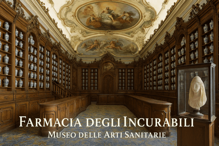 Interno farmacia storica con scaffali di vasi antichi