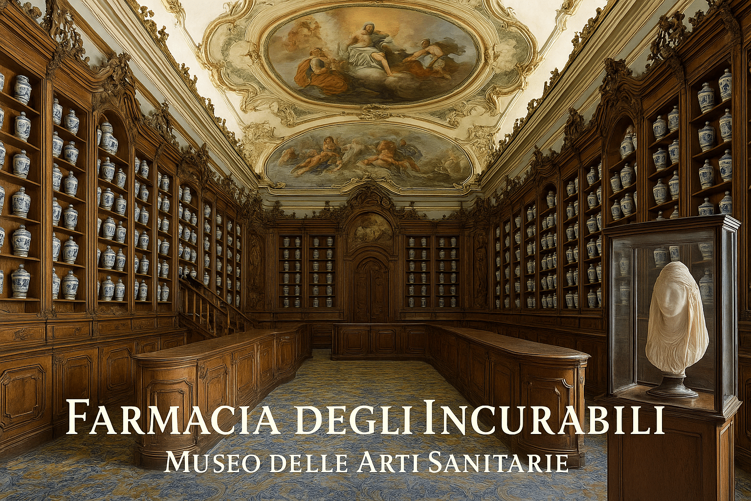 Interno farmacia storica con scaffali di vasi antichi