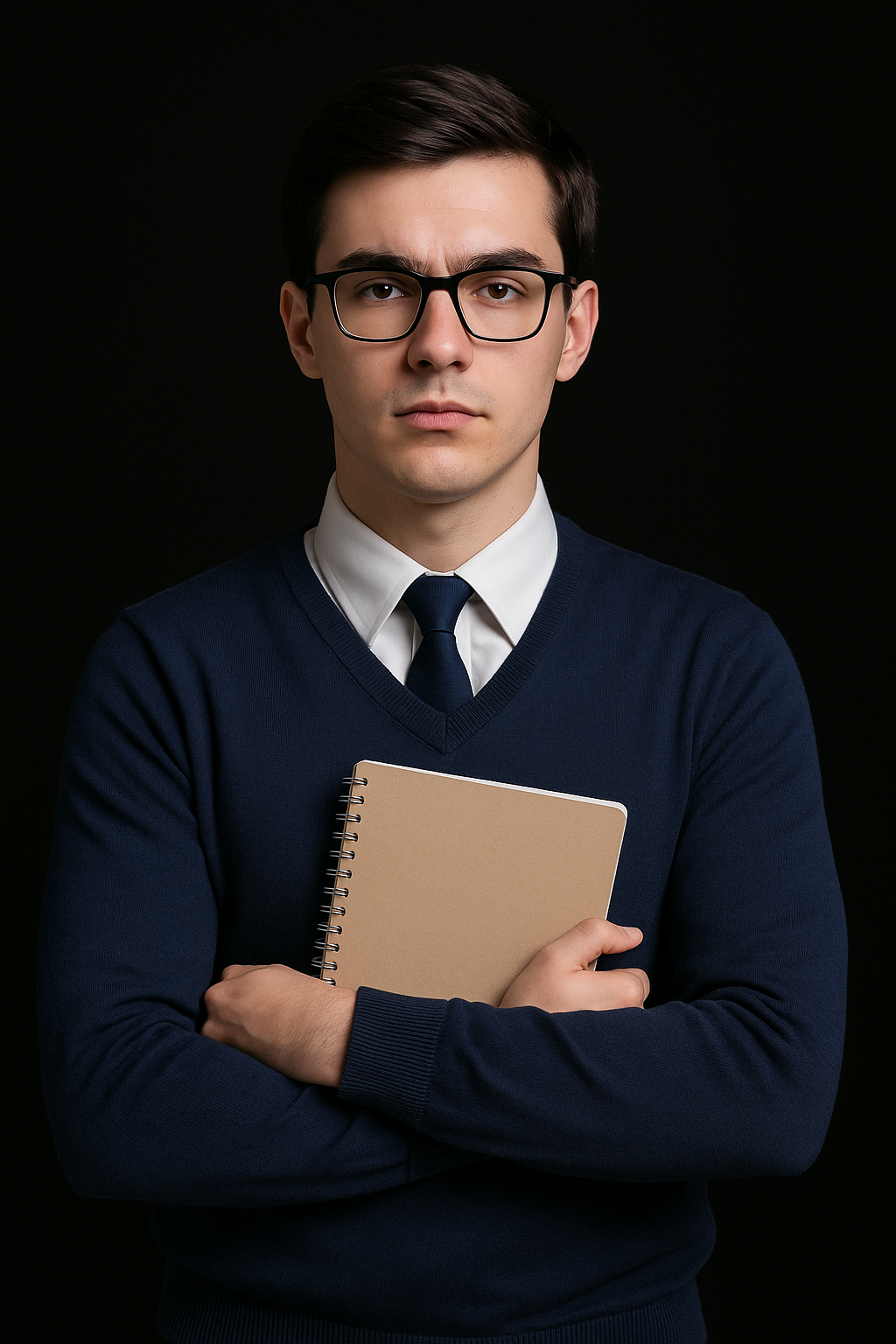 Persona studiosa con occhiali e quaderno, sfondo nero.