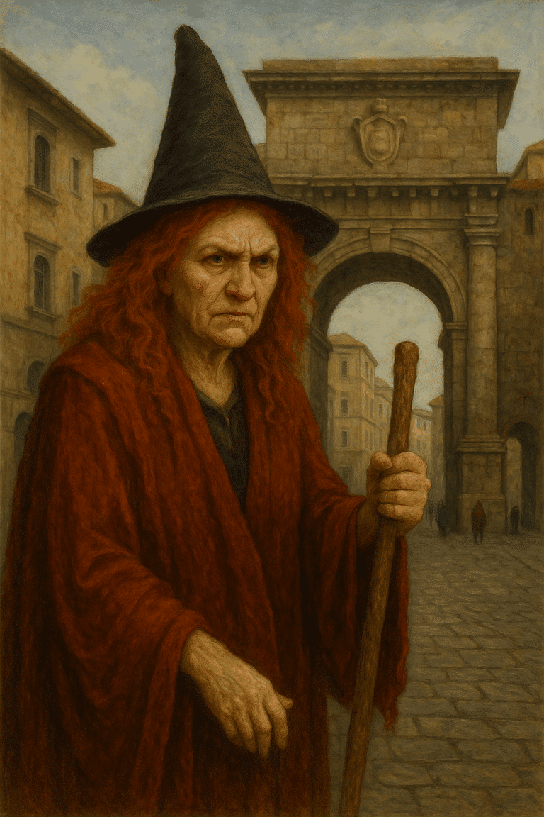 Strega anziana con cappello nero e bastone
