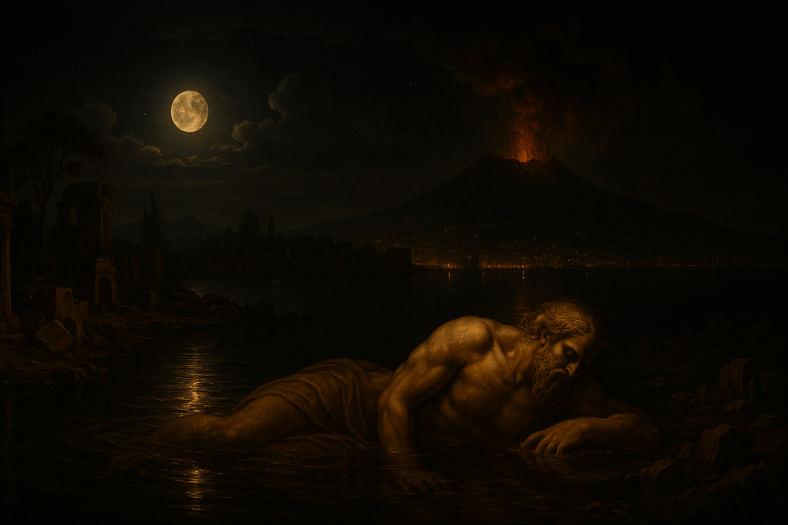 Figura mitologica dorme davanti a vulcano in eruzione