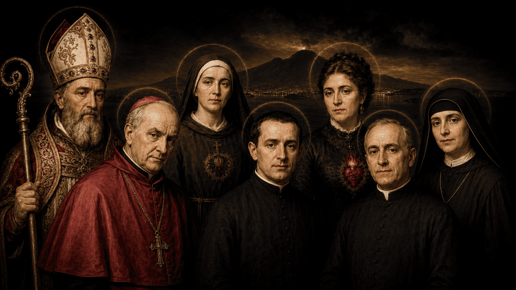 Ritratto di santi cattolici con aureole luminose
