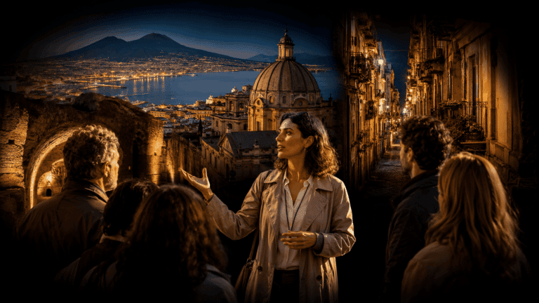 Guida turistica accompagna un gruppo tra il centro storico di Napoli, il Vesuvio e i percorsi sotterranei