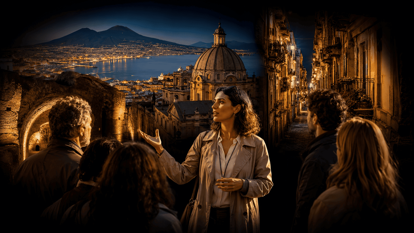 Guida turistica accompagna un gruppo tra il centro storico di Napoli, il Vesuvio e i percorsi sotterranei