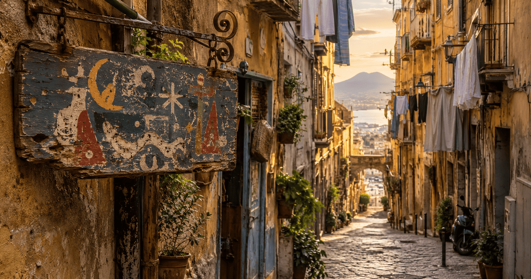 Vicolo del centro storico di Napoli con insegna scritta in dialetto napoletano