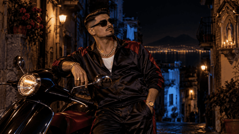 Uomo elegante accanto a scooter in vicolo notturno