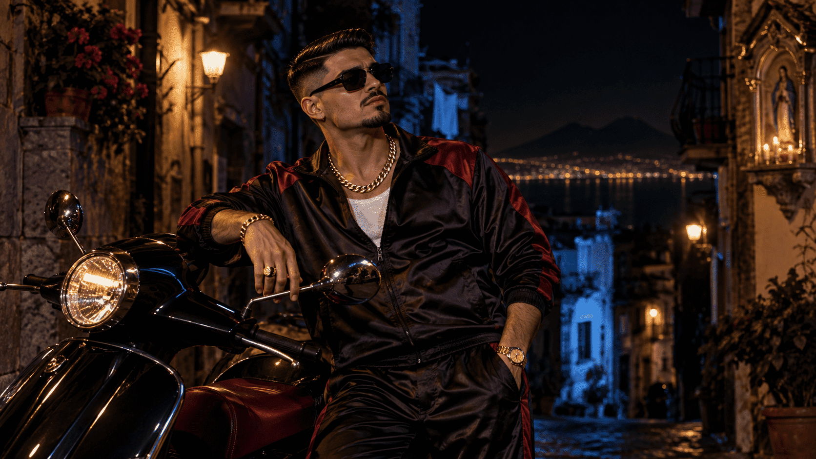 Uomo elegante accanto a scooter in vicolo notturno